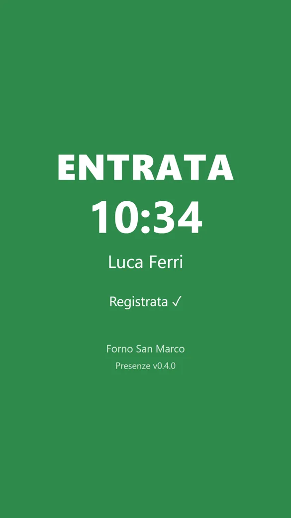 Telefono del dipendente subito dopo la timbratura: ENTRATA 10:34, Registrata (azienda dimostrativa)