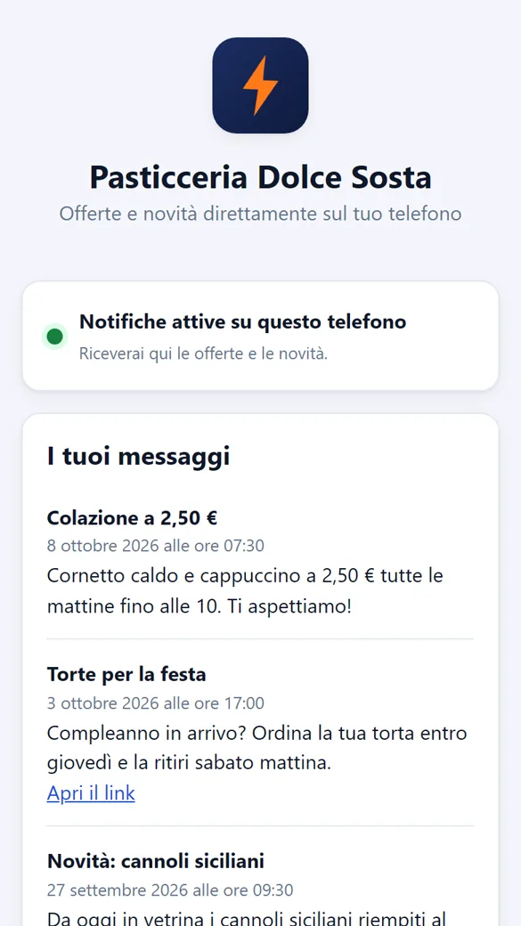 Pagina del cliente su QuiCli: notifiche attive e l'elenco dei messaggi ricevuti dal negozio