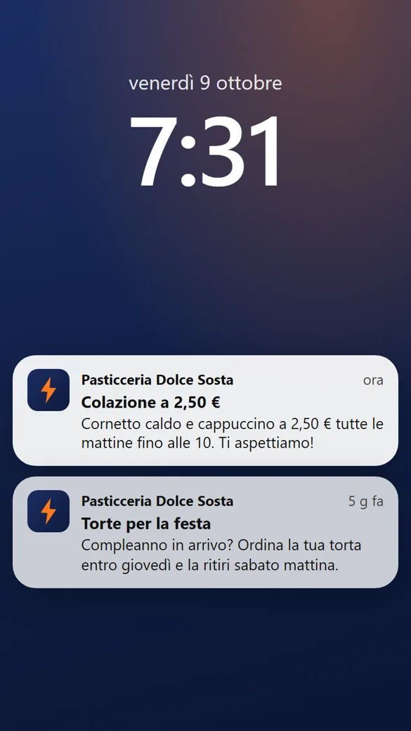 Telefono bloccato con due notifiche di una pasticceria: Colazione a 2,50 euro e Torte per la festa (negozio dimostrativo)